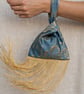 Teal blue and gold floral satin brocade Japanese knot bag - Image 1