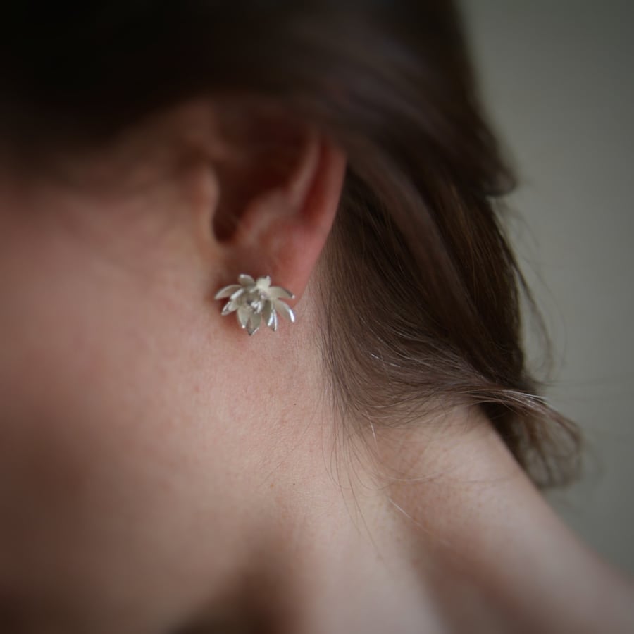 Silver Lotus Flower Earrings - Petal Stud Earrings 