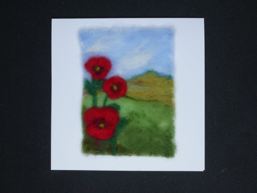 Handmade needle felted Poppy blank greetings card