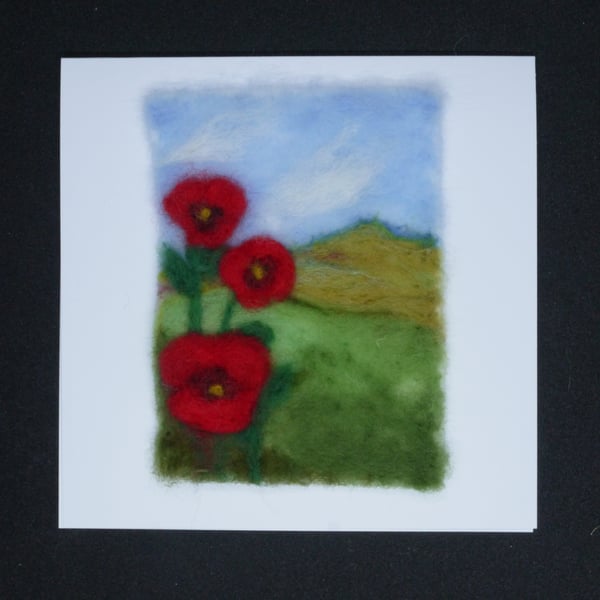 Handmade needle felted Poppy blank greetings card