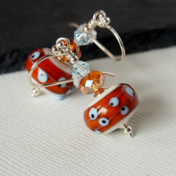 Caramel Cream Ice Blue Lampwork Earrings, Sterling Silver