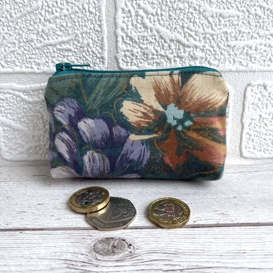 Small Purse, Coin Purse with Purple and Gold Flowers