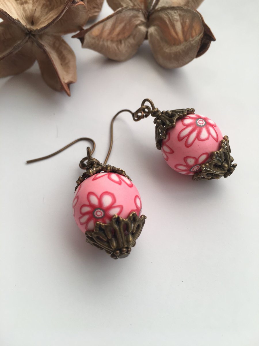 Funky Festival bright pink Polymer clay bead earrings.