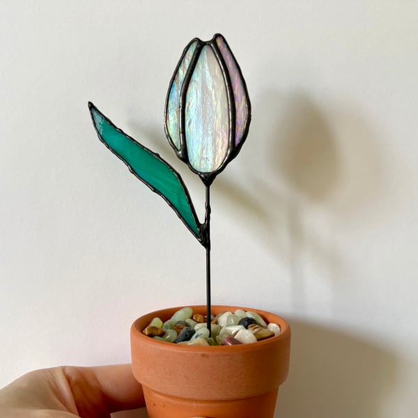 Iridescent white stained glass tulip in terracotta pot, handmade flowers
