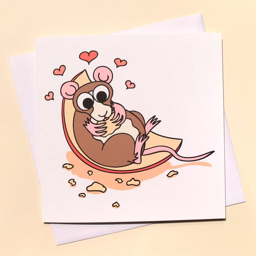 Funny Love Card with Rat Eating Cheese - Valentine's or Love Card Q-RCH