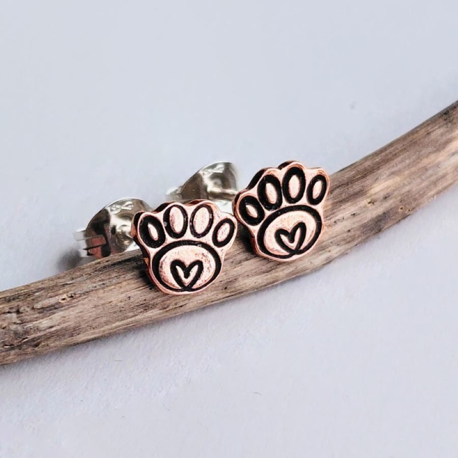 Copper Paw Print and Heart Stud Earrings - Sterling Silver Posts