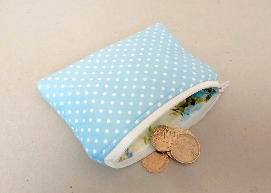 Blue coin purse with white spots