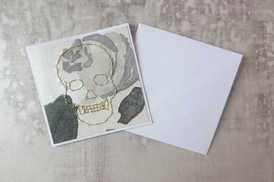 SALE Embroidered Gold Skull Card, Halloween Skull Card. Skull Birthday Card