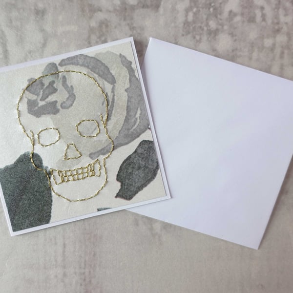 SALE Embroidered Gold Skull Card, Halloween Skull Card. Skull Birthday Card
