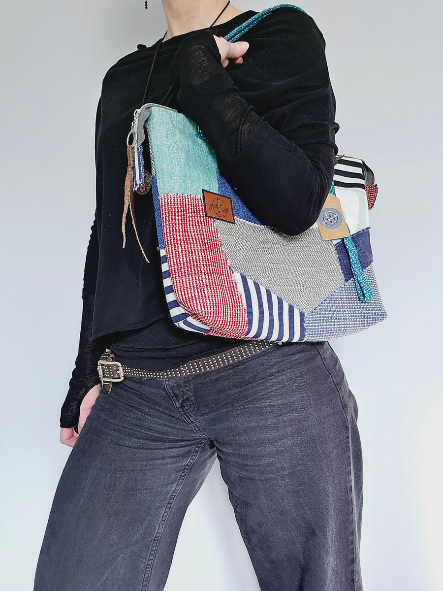 Patchwork Eco Handbag with Double Zippers and Pockets - Upcycled Upholstery 