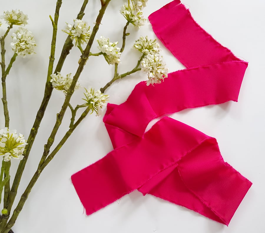 Magenta pink 100% silk crepe de chine ribbon with raw edge
