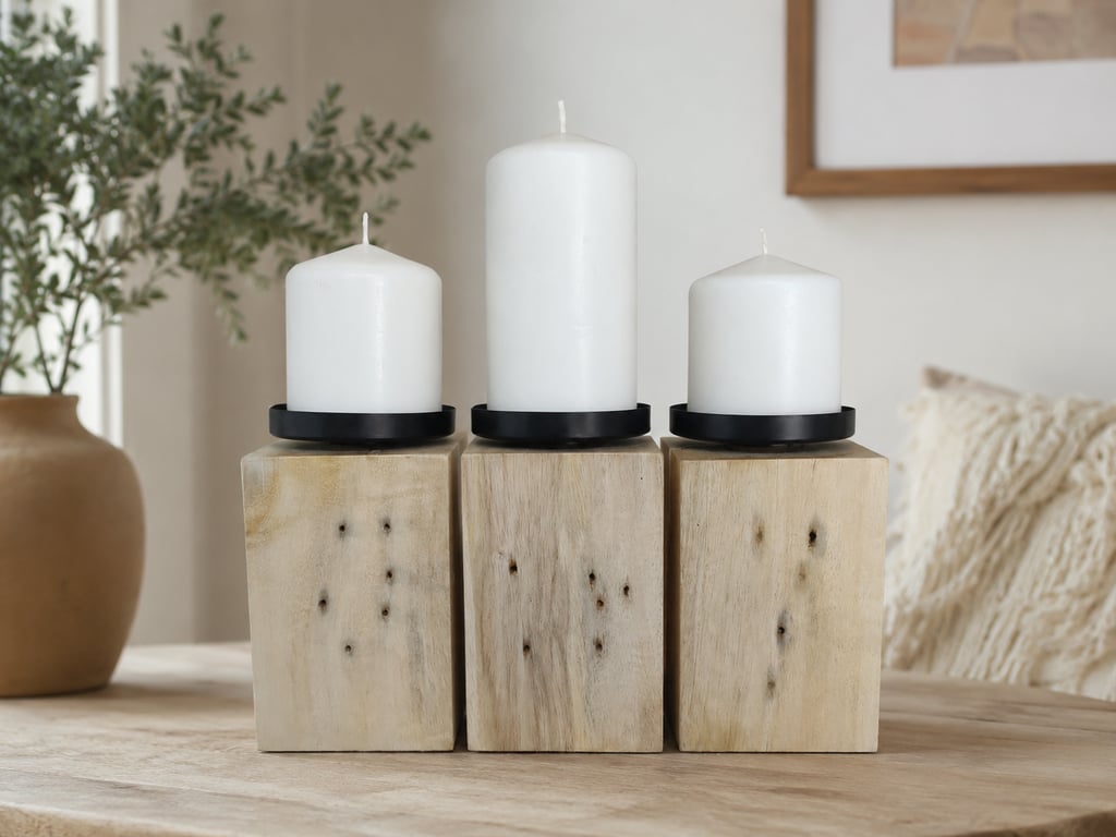 Pillar Candle Stand Set Upcycled Pallet Wood Blocks with Black Cups