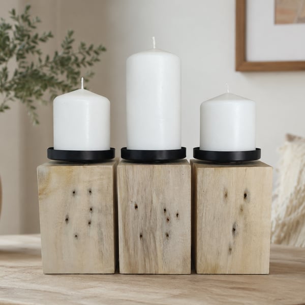 Pillar Candle Stand Set Upcycled Pallet Wood Blocks with Black Cups