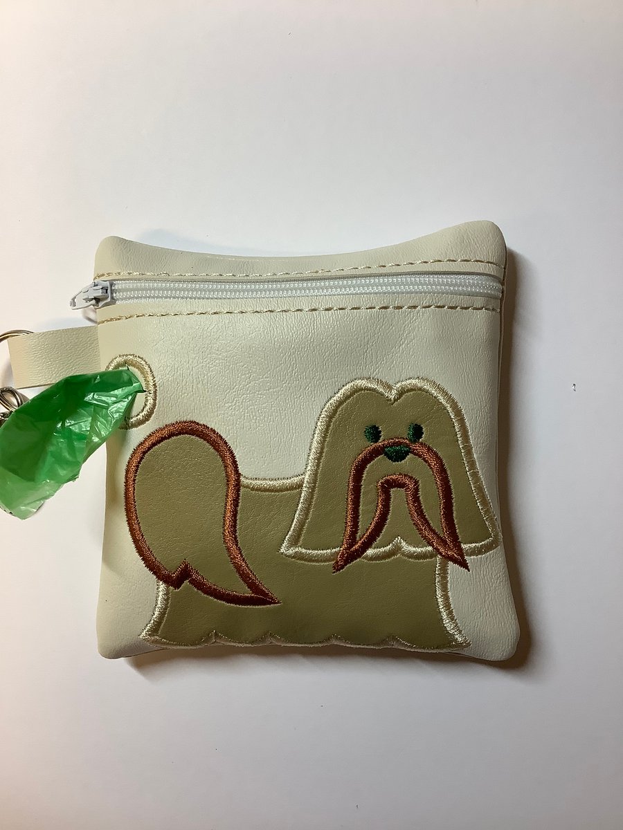 Embroidered Lhasa Apso cream faux leather dog poo bag ,dog 