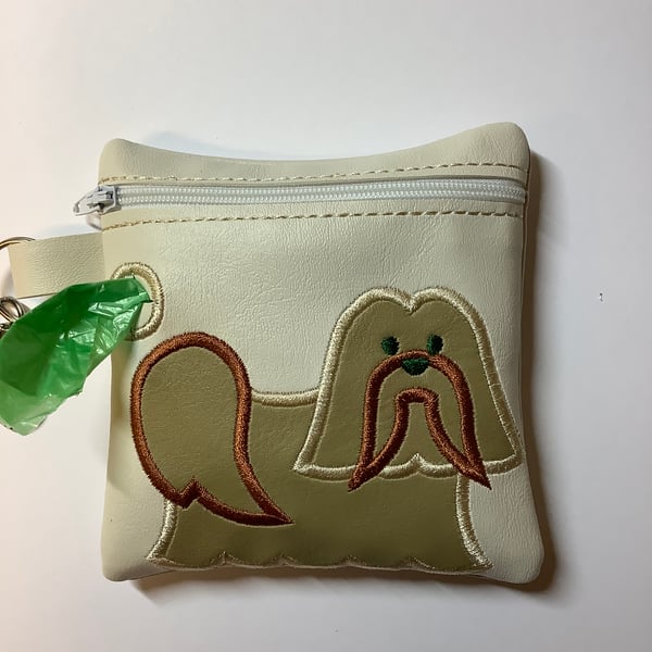 Embroidered Lhasa Apso cream faux leather dog poo bag ,dog 