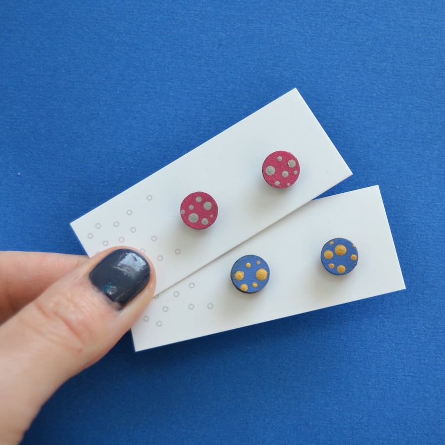 Hand painted dotty wooden circle ear studs