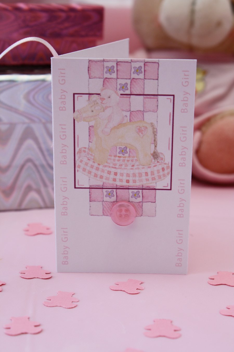 New Baby Girl Gift Tag with Teddy Bear Confetti