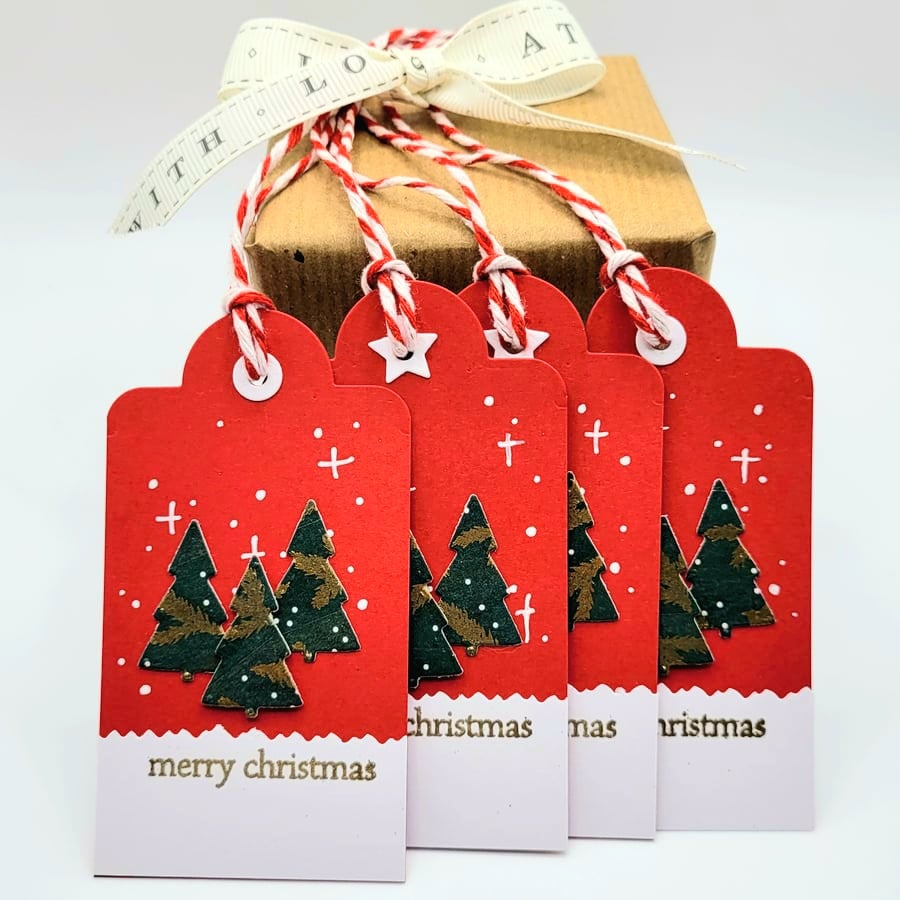 Christmas Tree Gift Tags - Set of 4 - handmade gift tag, trees, stars, red