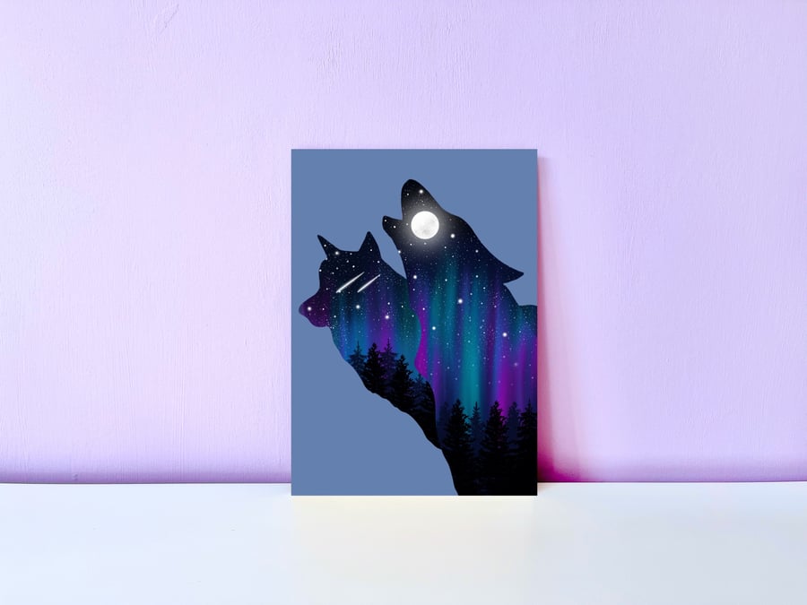 Magical Northern Lights and Howling Wolves A5 Print