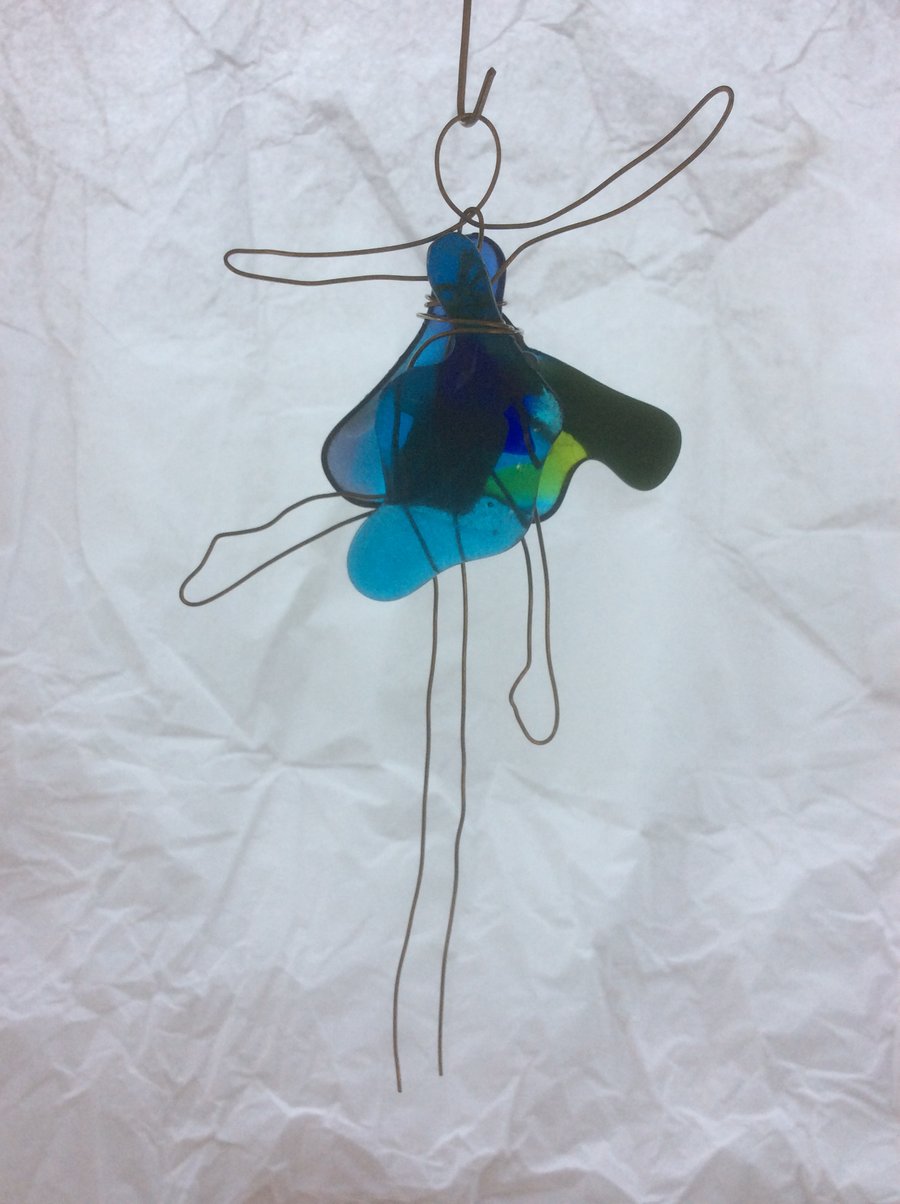 Stained Glass Christmas Tree Fairy - blue, mauve and green
