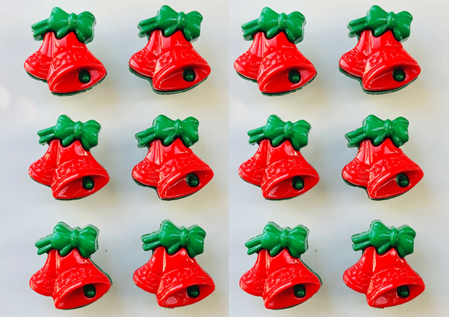 12 Christmas Bells Buttons, Xmas Red and Green, 18mm by 16mm, Noel! Santa