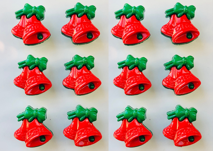 12 Christmas Bells Buttons, Xmas Red and Green, 18mm by 16mm, Noel! Santa