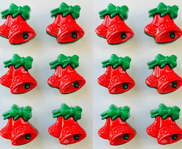 12 Christmas Bells Buttons, Xmas Red and Green, 18mm by 16mm, Noel! Santa