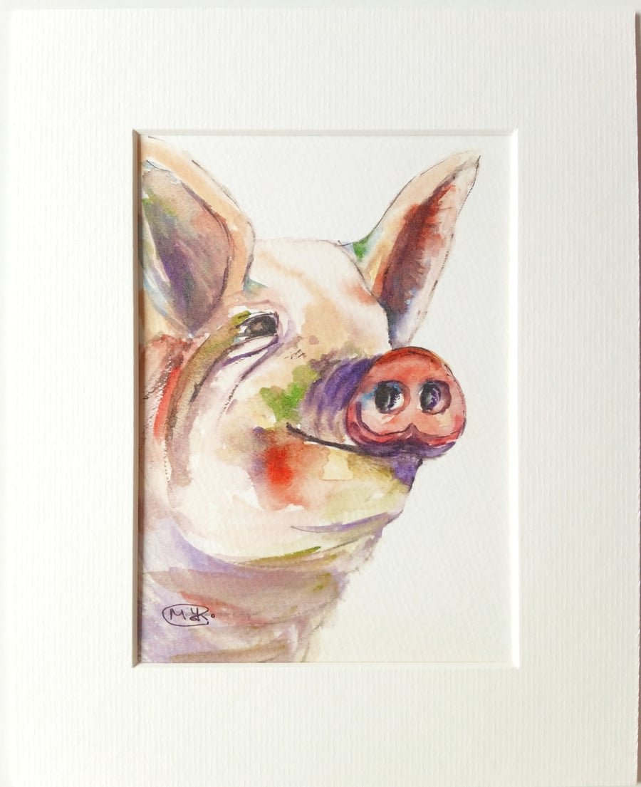 Happy pig Print in a picture mount. From an original watercolour painting