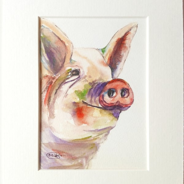 Happy pig Print in a picture mount. From an original watercolour painting