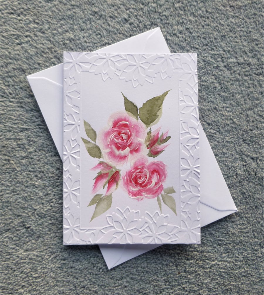 greetings card blank all occasion hand painted floral roses ( ref F 328 )