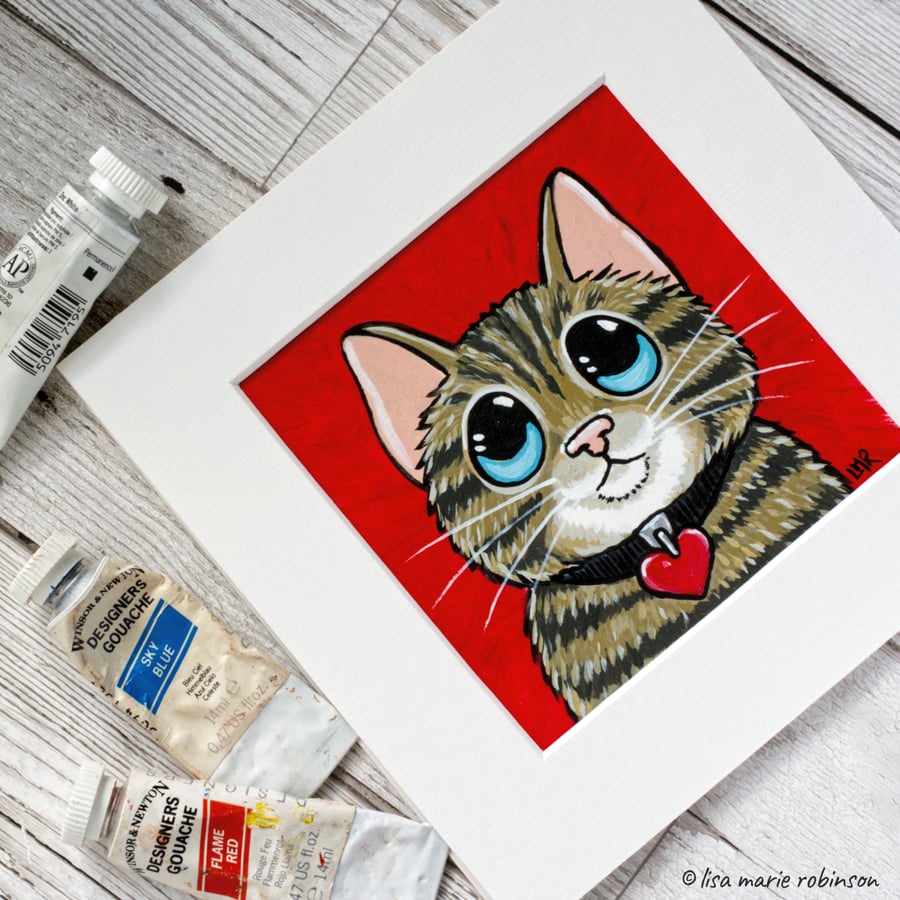 Valentine Cat Tabby Kitty Heart Collar - Original Painting - 4 x 4 inch