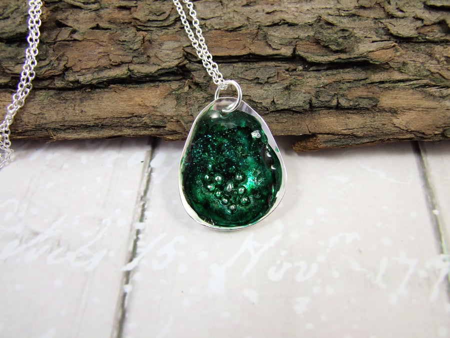 Sterling Silver Necklace, Rockpool Teardrop Pendant with Ink and Resin