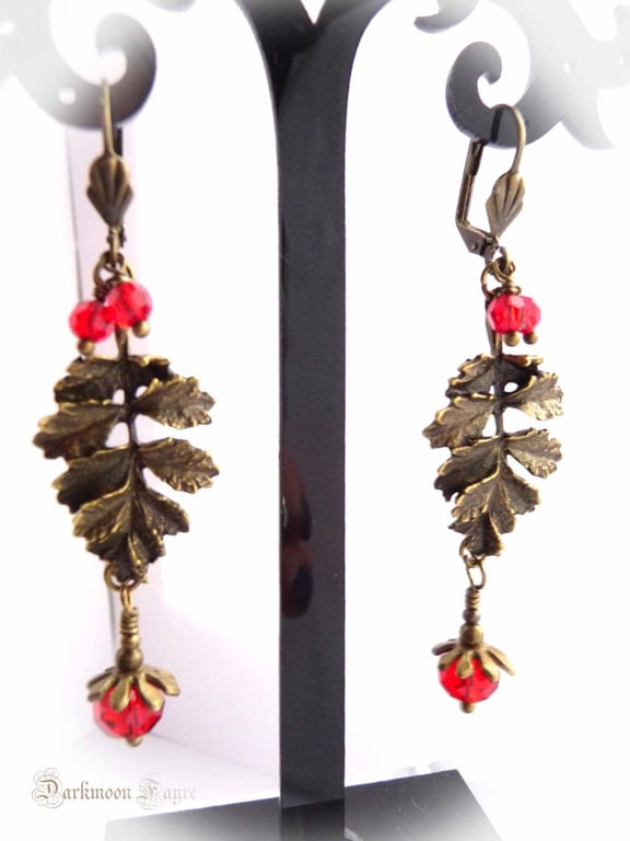 Holly Leaf And Red Crystal Berry Earrings in Antiqued Bronze