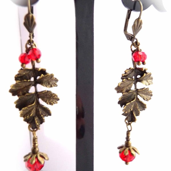 Holly Leaf And Red Crystal Berry Earrings in Antiqued Bronze