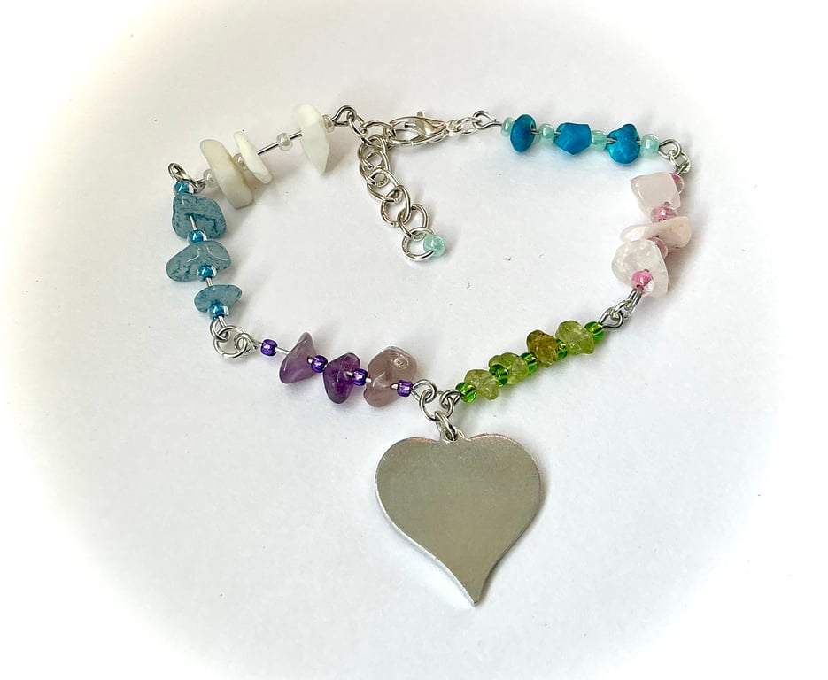 Gemstone Link Bracelet with Heart Charm