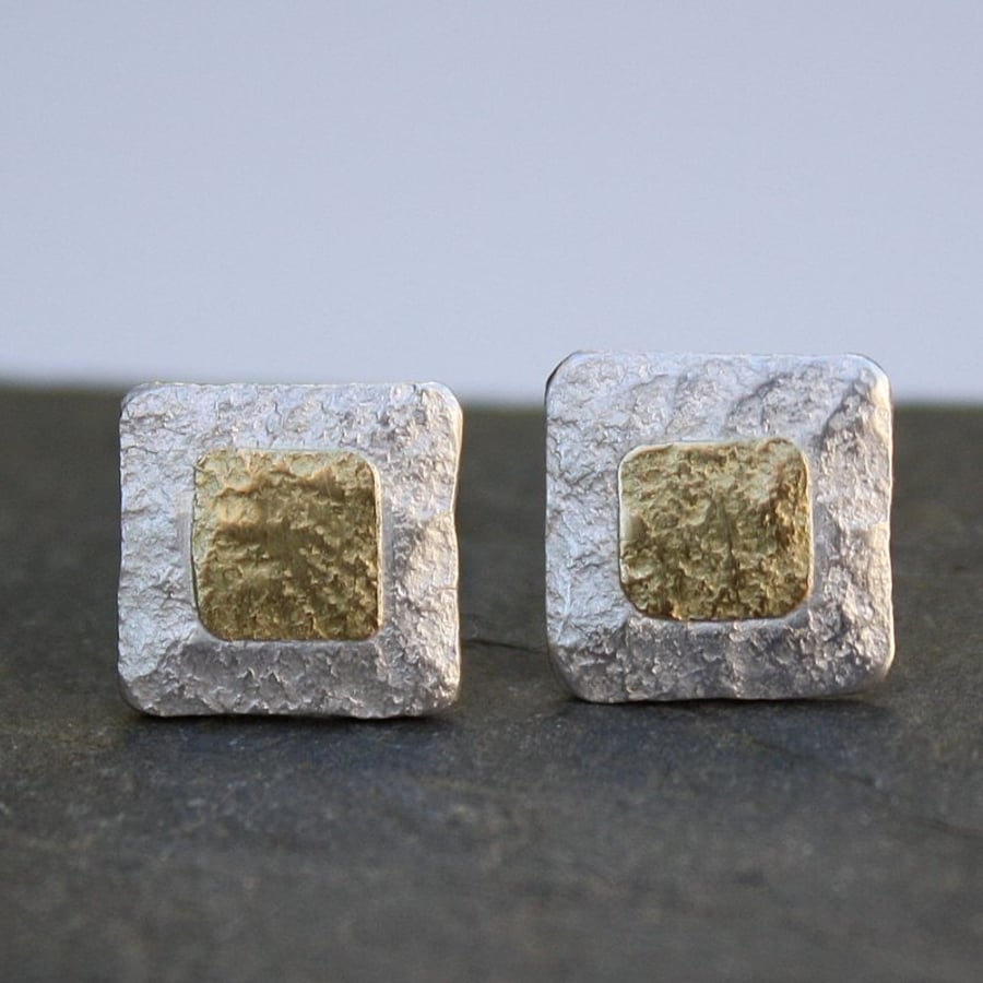 Silver and 18ct gold small square stud earrings