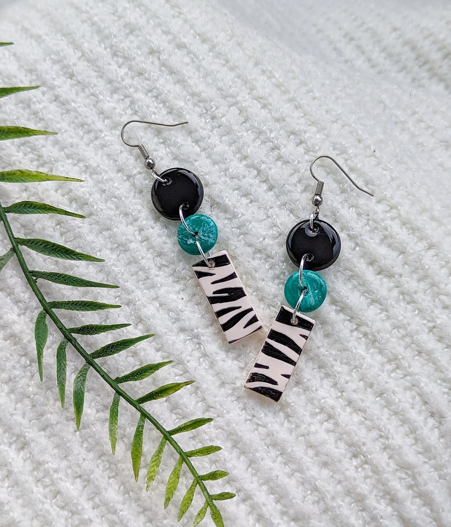 Black & Turquoise Pebbles with Zebra Print Earrings 