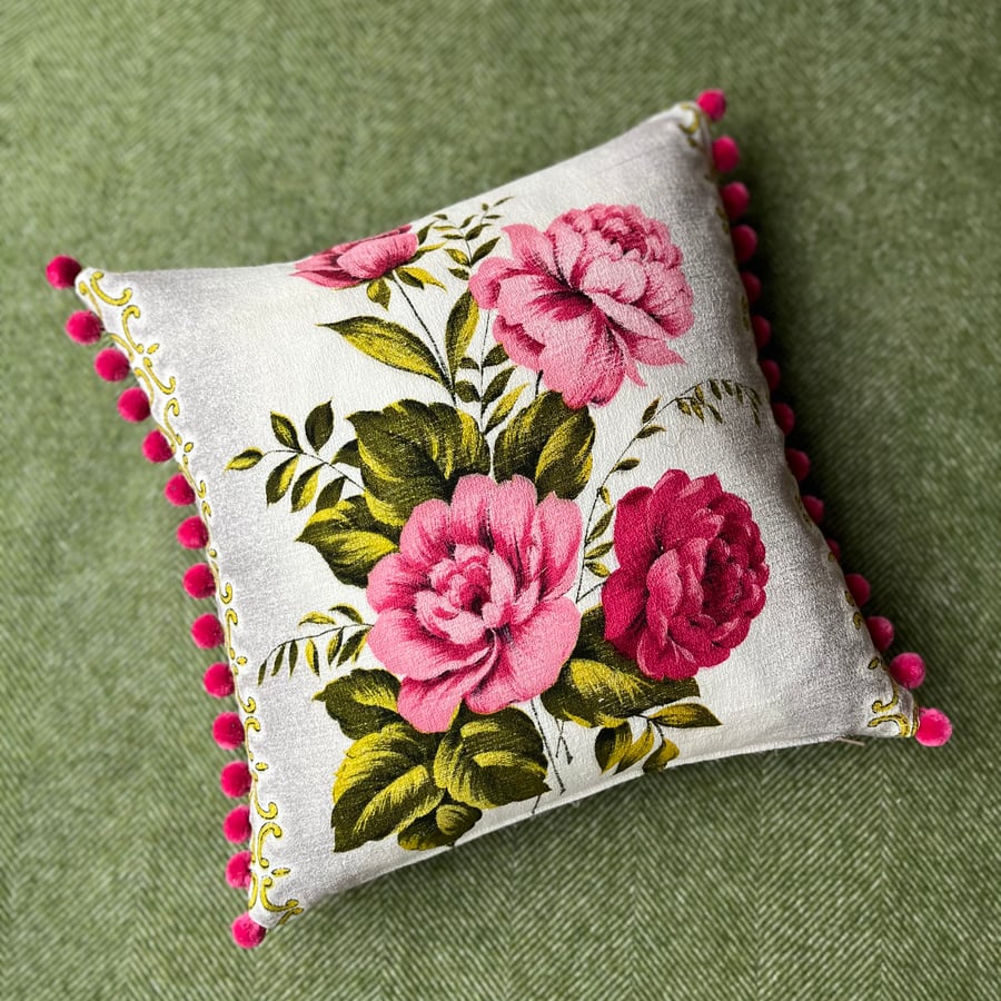Vintage Rose barkcloth cushion cover with grey linen back and hot pink pompoms