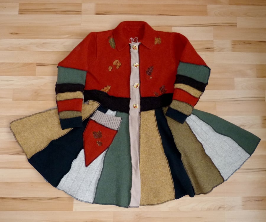 Autumnal Wool Upcycled Coat with Oak Leaves Front Pocket Waist Ties