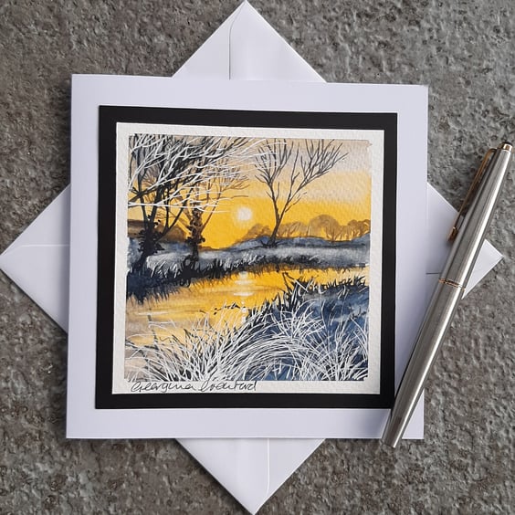 Handpainted Blank Card. Sunset and Reflections. The Card That's Also A Keepsake