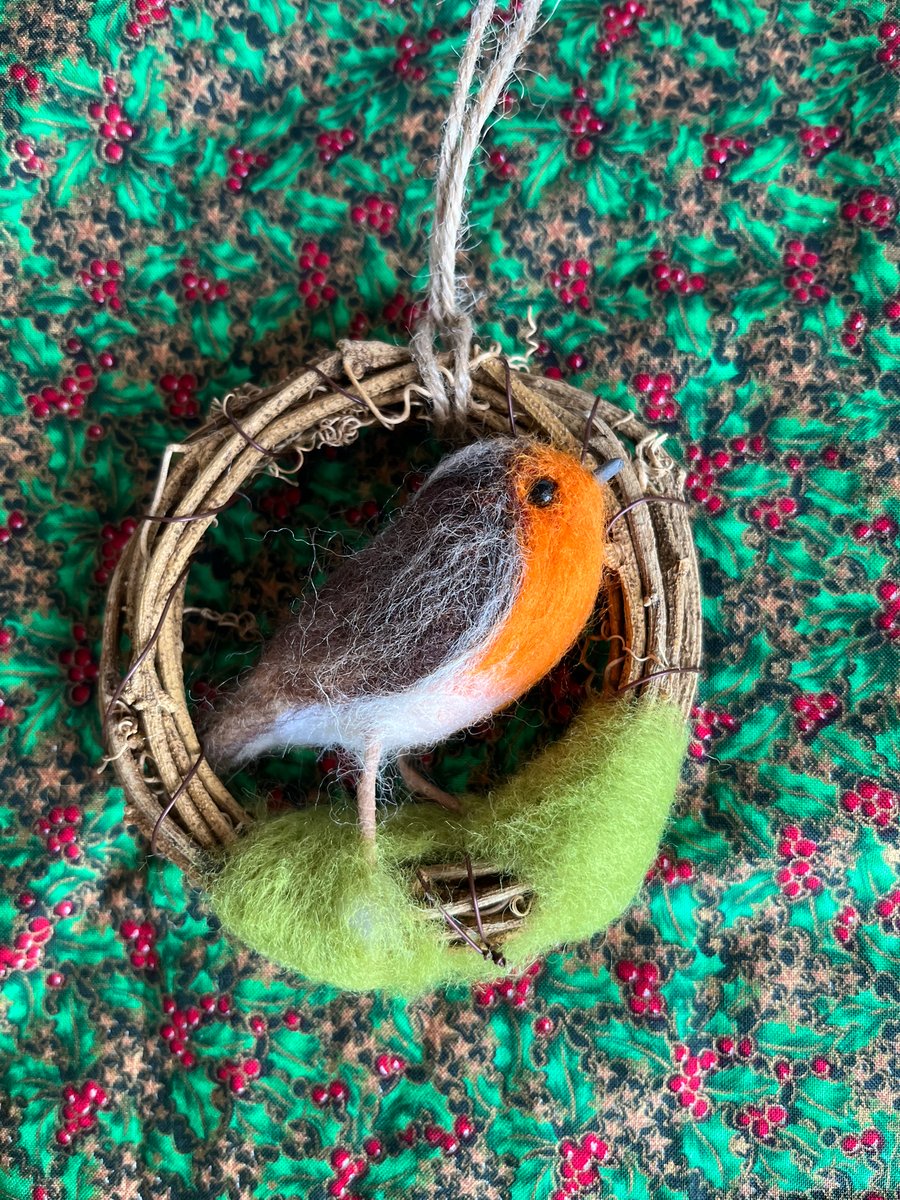 Needlefelted robin in a mini vine wreath christmas decoration 