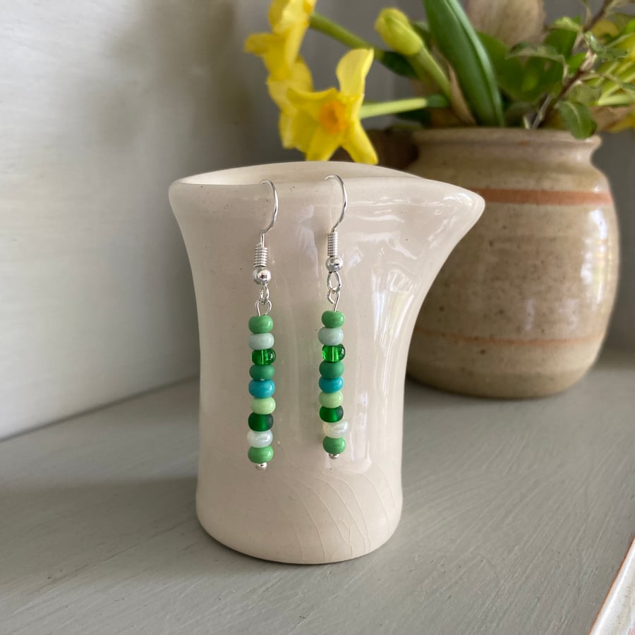 Shades of green mix seed bead earrings, silver-plated
