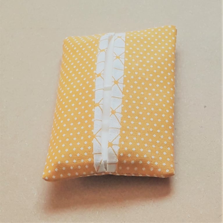 Pocket Tissue Pack Holder Gold and White Polka Dot and Geometric Fabric.