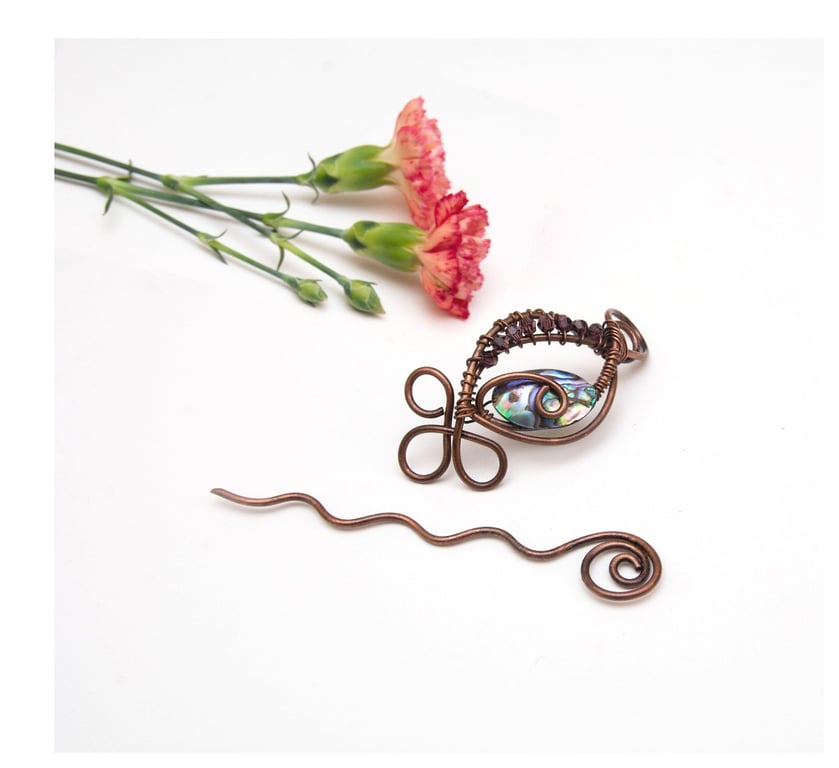 Handmade Abalone Shell Antique Copper Shawl Pin, Cardigan Brooch