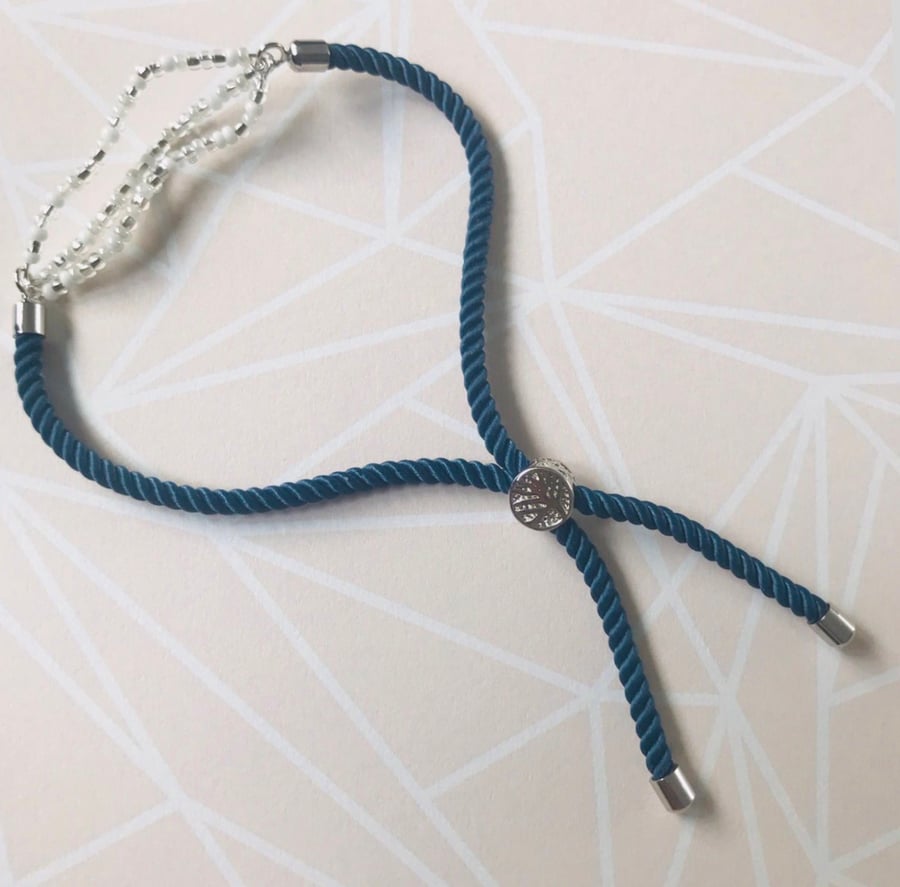 Blue Cord Beaded Bar Bracelet 