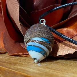 From Tiny Acorns - Blue, Cream and Copper Glass Acorn Pendant