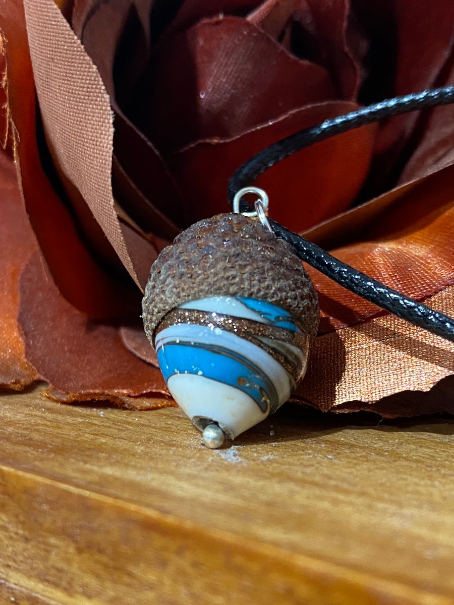 From Tiny Acorns - Blue, Cream and Copper Glass Acorn Pendant