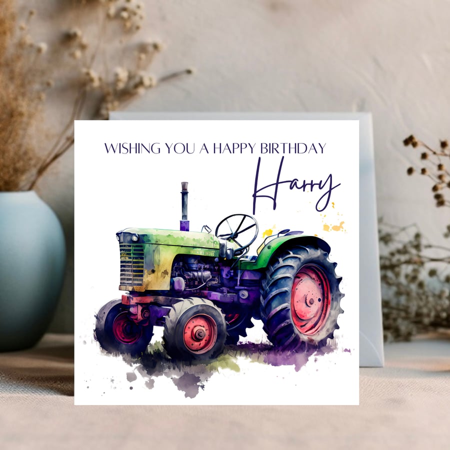 Tractor watercolour design edit text for a personalised card for any occasion 