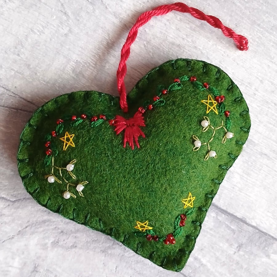 Hand Embroidered Keepsake Heart Christmas Decoration, Holly & Mistletoe on Green