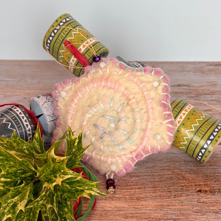 Felted Snowflake - White and Purple Crystals